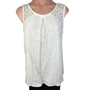 Monteau Size L White sleeveless Pullover Top Lace Trim 100% Cotton